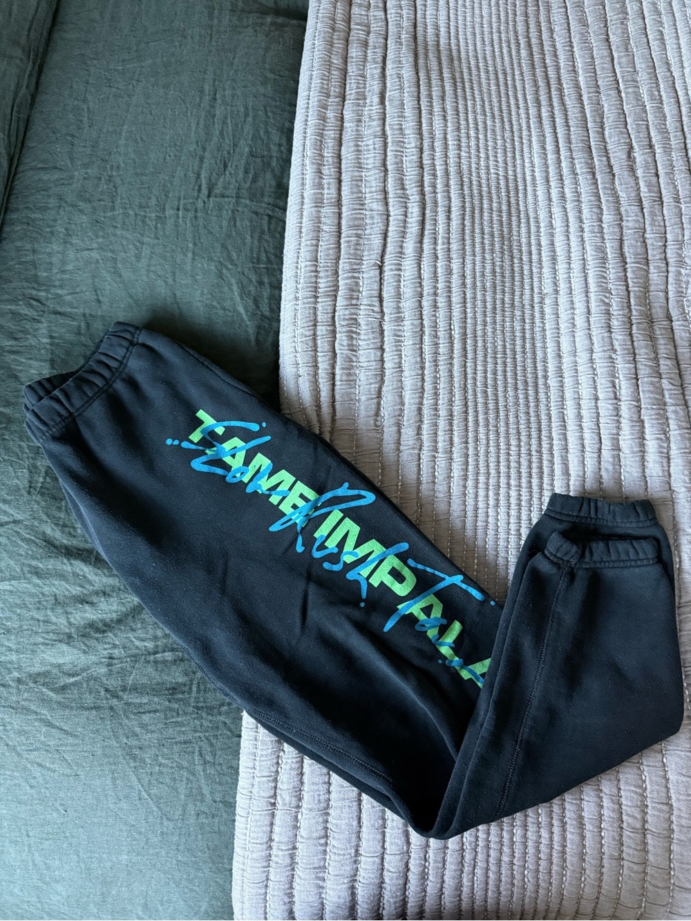 Kids Black Sweatpants with Blue-Green Script Graphic